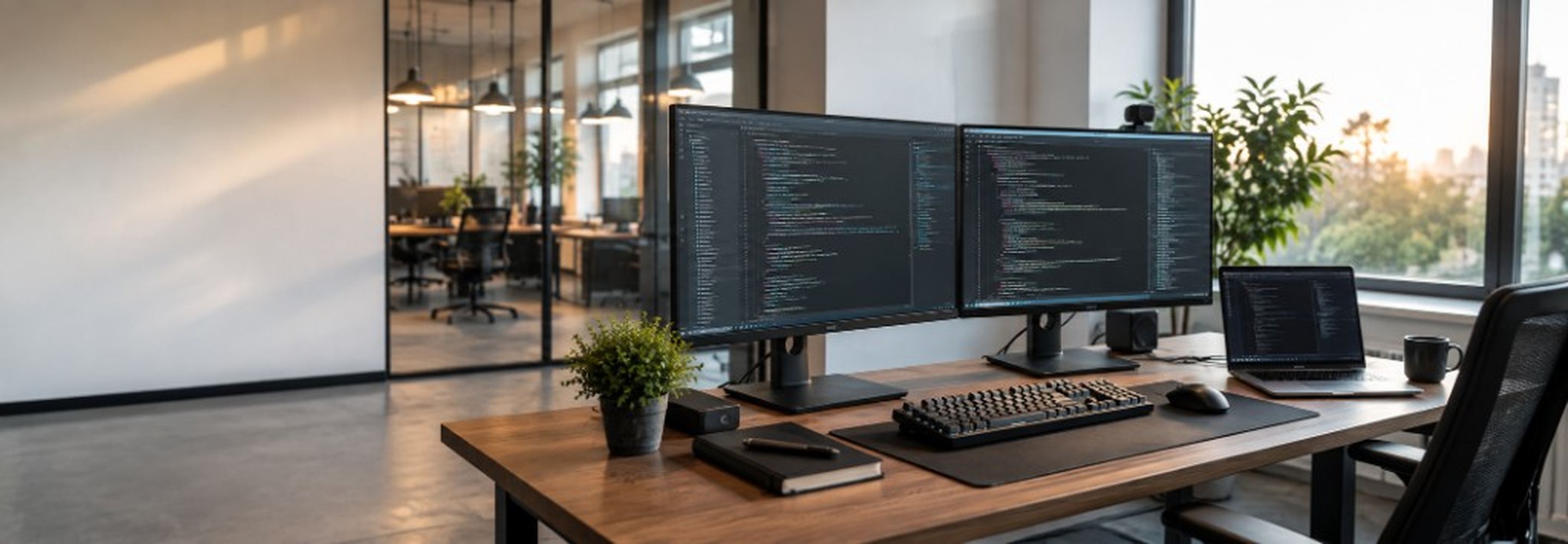 Escriptori modern de desenvolupador amb dos monitors i un entorn de programació — solucions d'Itqan per a desenvolupadors
