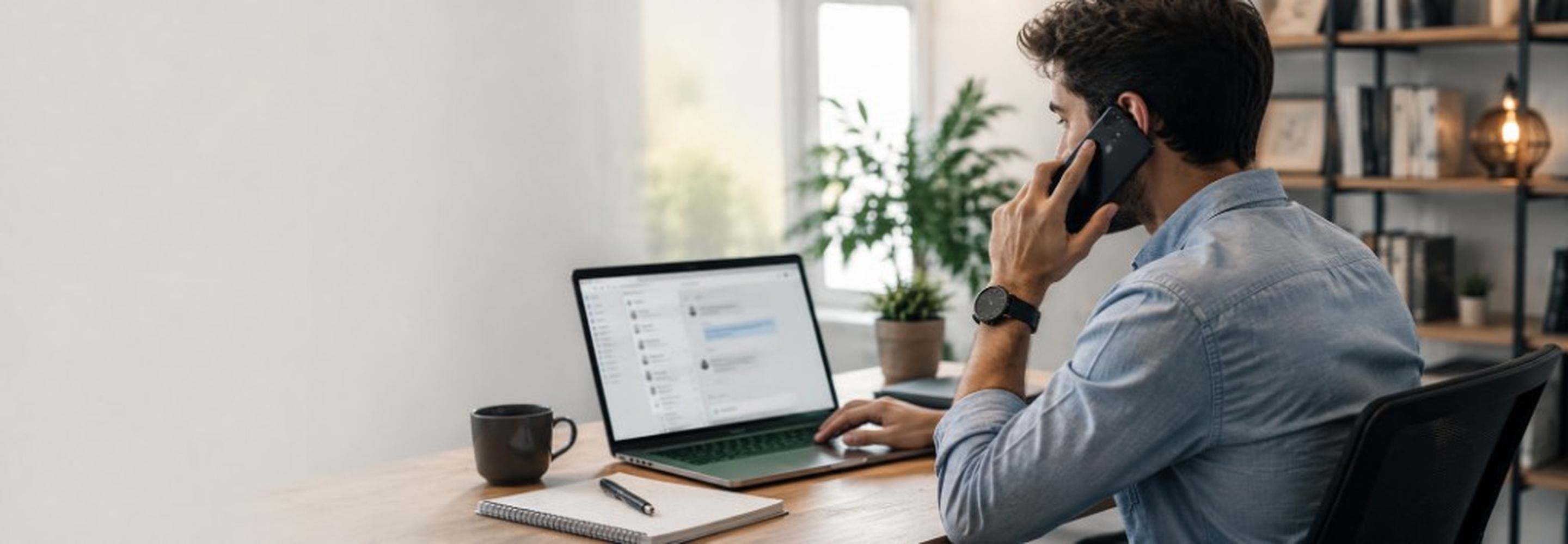 Seseorang dalam panggilan telefon di meja komputer riba — hubungi sokongan Itqan